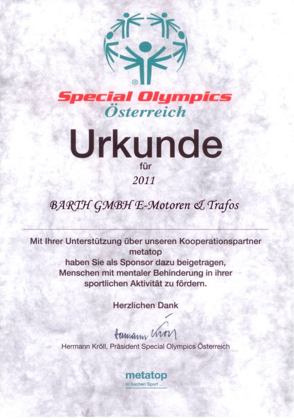 2011: BARTH GMBH unterstützt Special Olympics